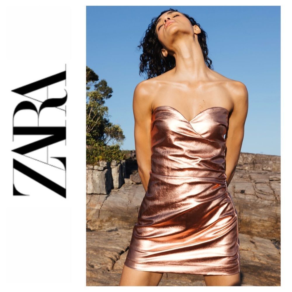 NWT Zara Blogger’s Favorite Metallic Strapless Faux Leather Mini Dress, Medium